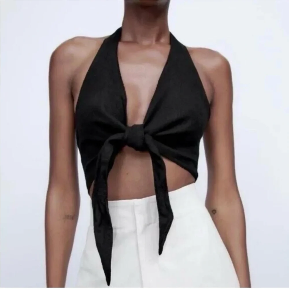 NWT Zara Black Halter Tie-Front Vacation Clean Girl Linen Top - Picture 1 of 7